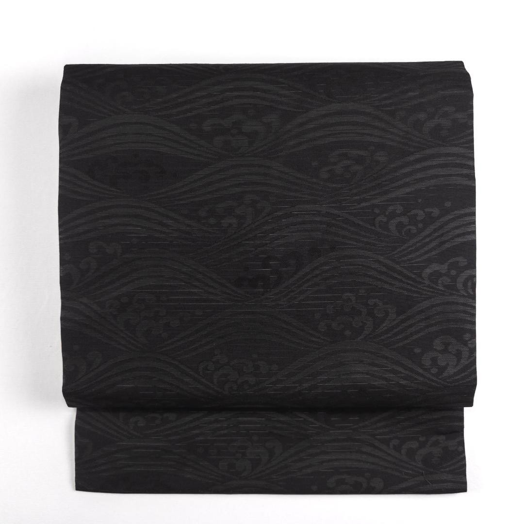 Saichi Silk Nagoya Obi Summer Kimono Belt Black Wave Pattern Excellent Conditio
