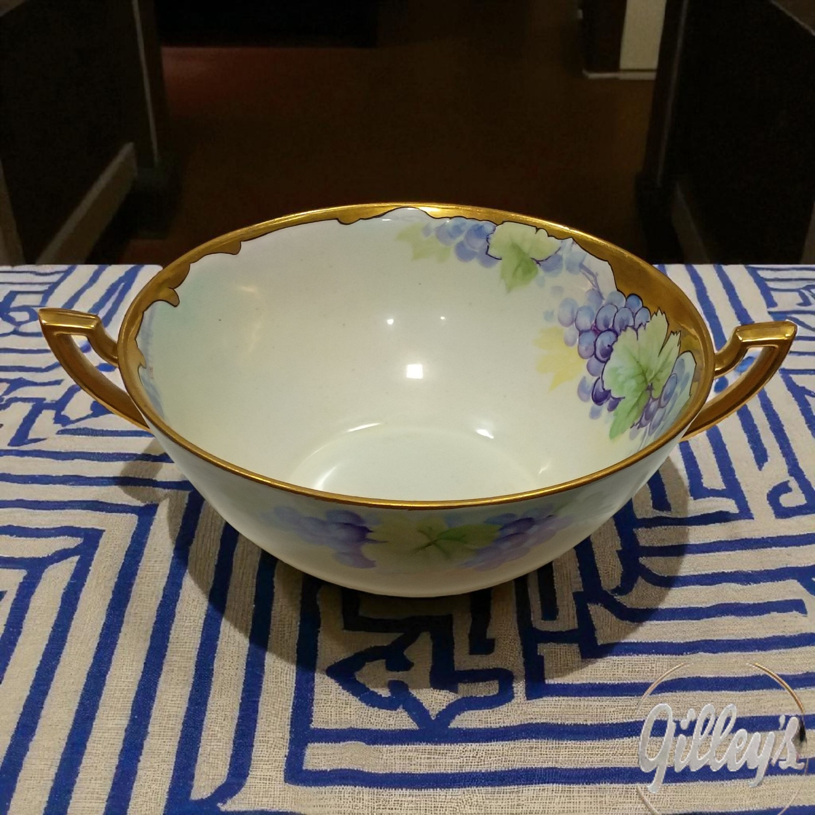 LIMOGES Antique Porcelain Bowl Hand Painted France Grapes Gold Trim Art Deco
