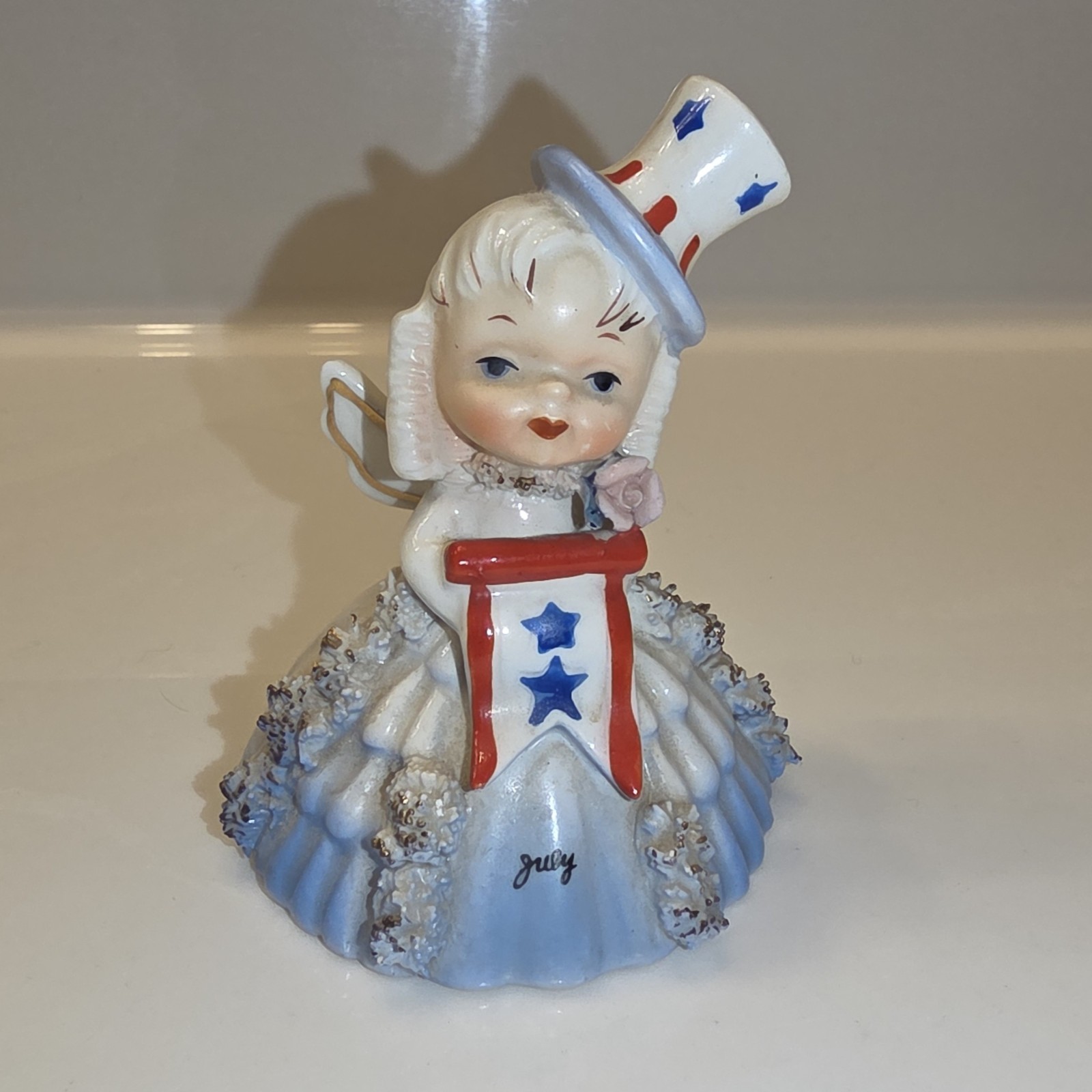 Vintage Napco July Angel Bell Figurine Patriotic Uncle Sam Hat 