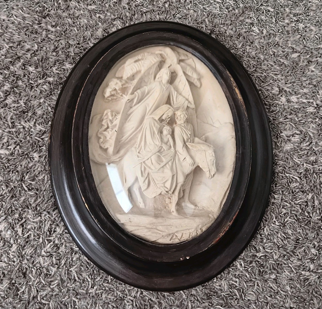 Antique 1858 Meerschaum Baby Jesus, Mary, Joseph On A Donkey Signed Frame/Plaque