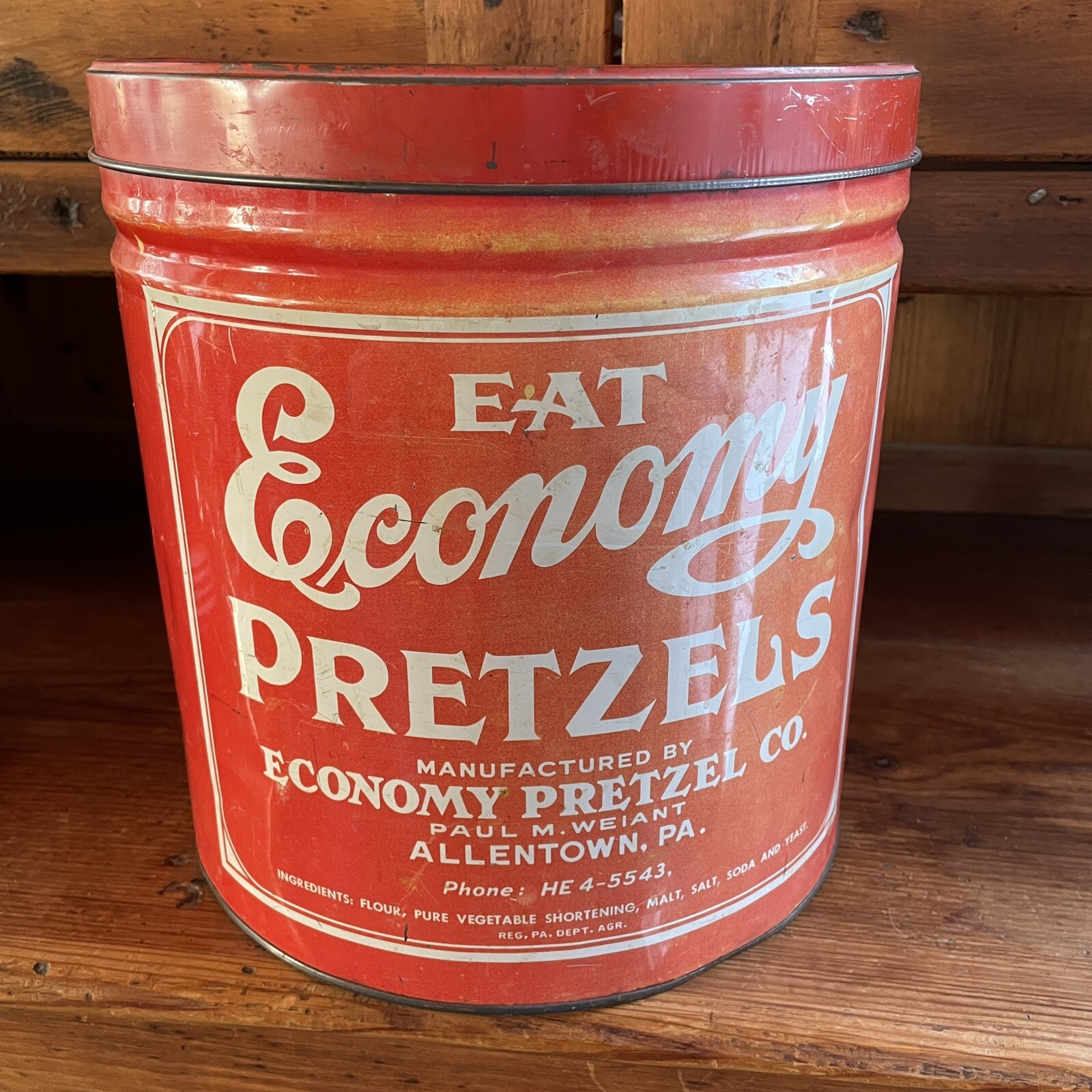 Vintage 1960's Eat Economy Pretzels Red & White Tin Can Allentown PA HE 4-5543