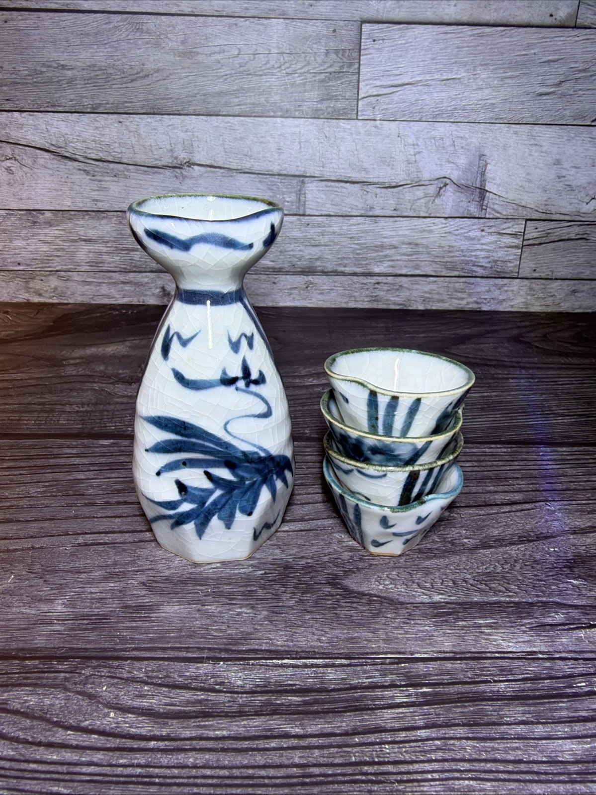 Vintage Japanese Ceramic Sake Set Tokkuri Carafe Flask 4 Ochoko Cups 