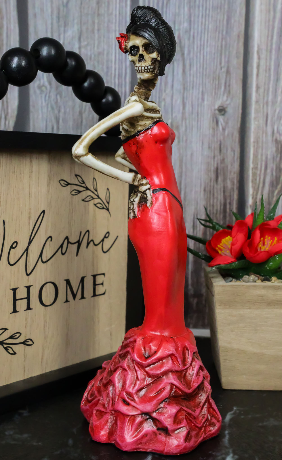Ebros Day Of The Dead Rose Diva Lady In Red Ballroom Gown Skeleton Statue 8.5