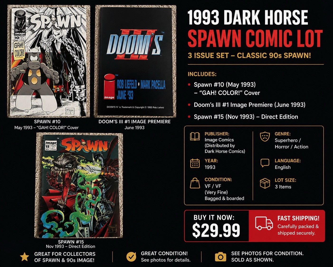 Spawn #10 GAH Color Variant & Spawn #15 + Doom’s III #1 Image Comic Lot 1993