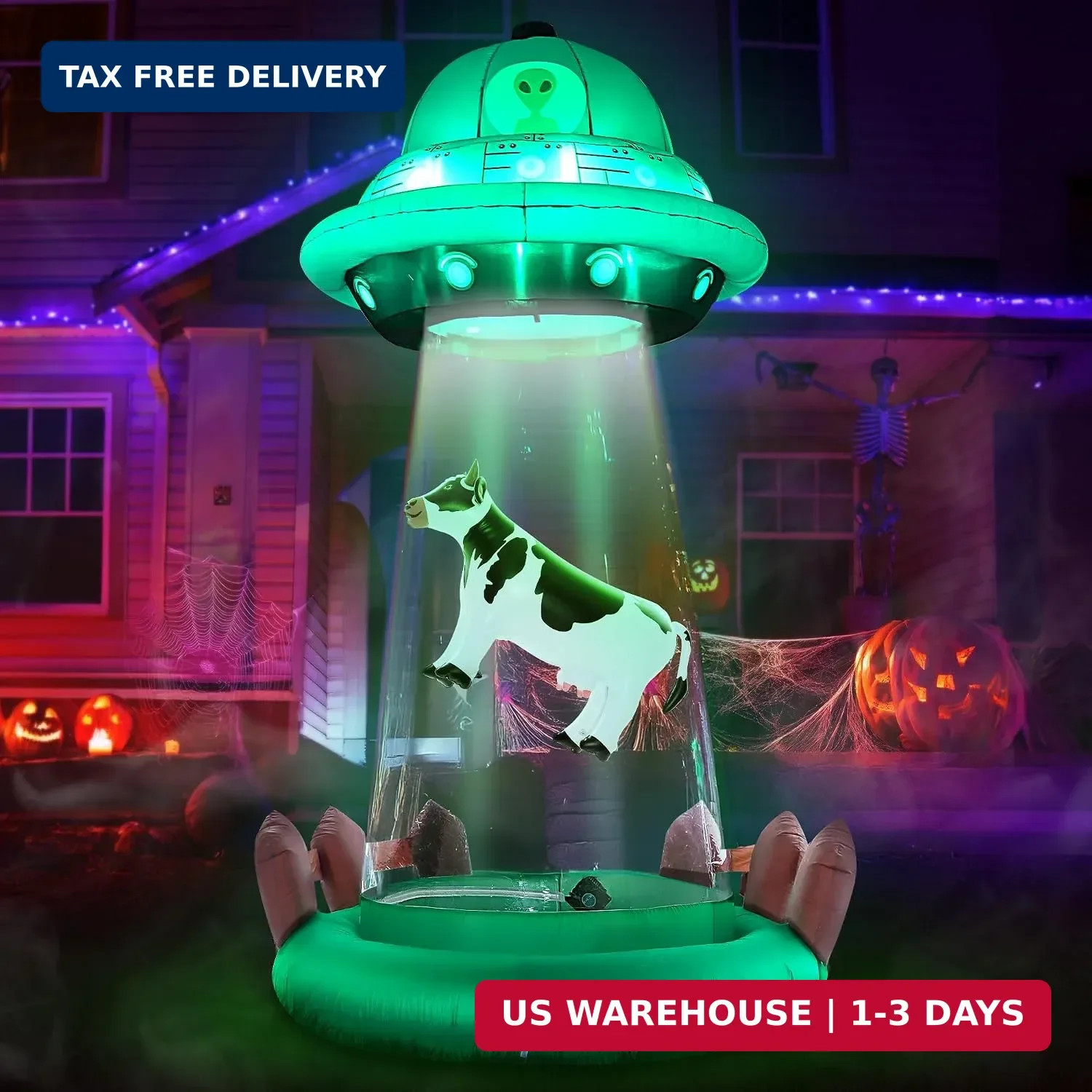 ZPISF 10 FT Halloween Inflatables UFO with Floating Cow Outdoor Decorations