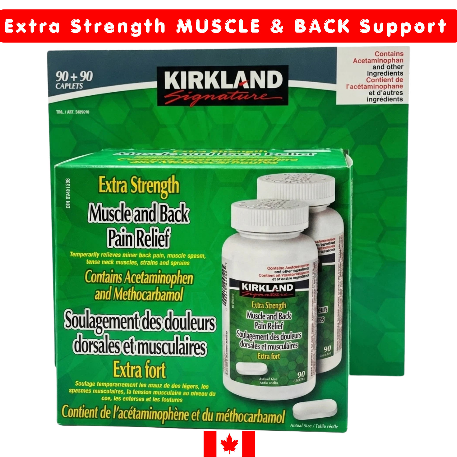 KIRKLAND Extra Strength MUSCLE & BACK Relief 180 Caplets (2 x 90) EXP FEB-2029