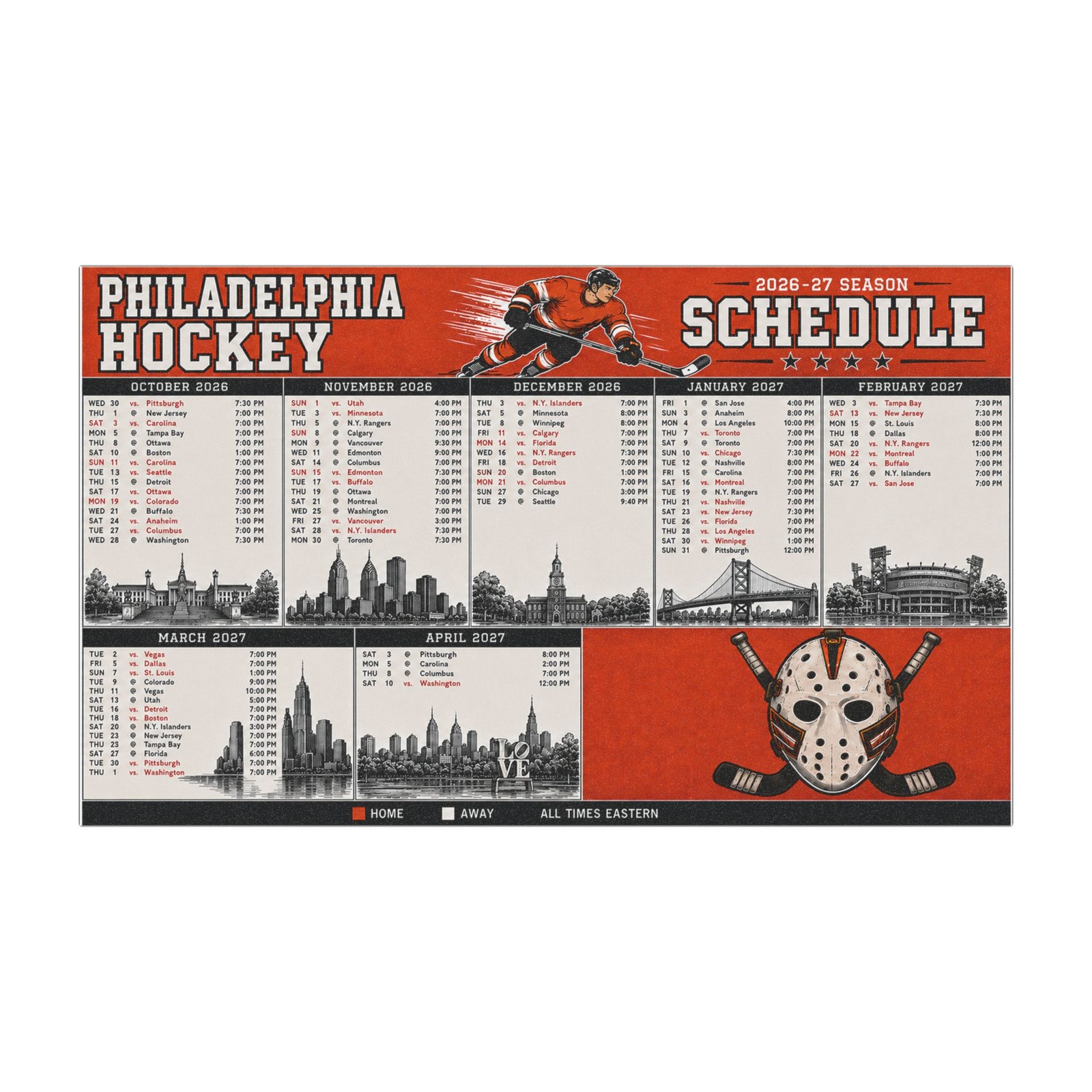 Philadelphia Flyers 2026-2027 Season Schedule Refrigerator Magnet 7.5\