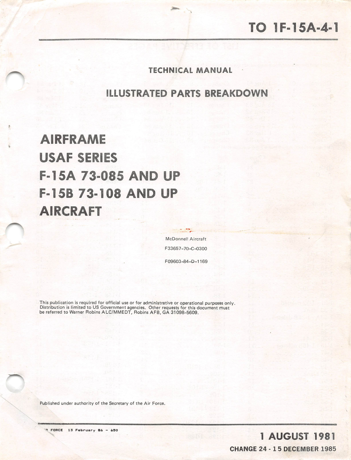 F-15A & F-15B Airframes Parts Manual 1985 Air Force Manual Flight Manual-CD