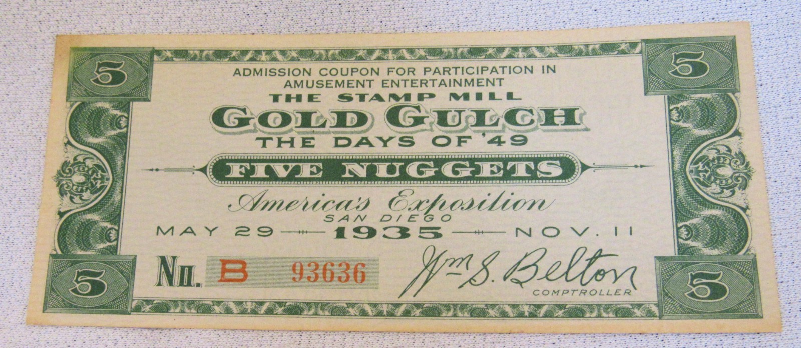 1935 San Diego Worlds Fair Exposition California Gold Gulch Stamp Mill Ticket 1