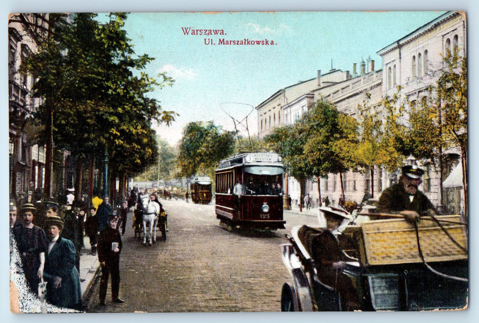 Warsaw Poland Postcard Marszalkowska Street Horse Car 1912 Posted Antique