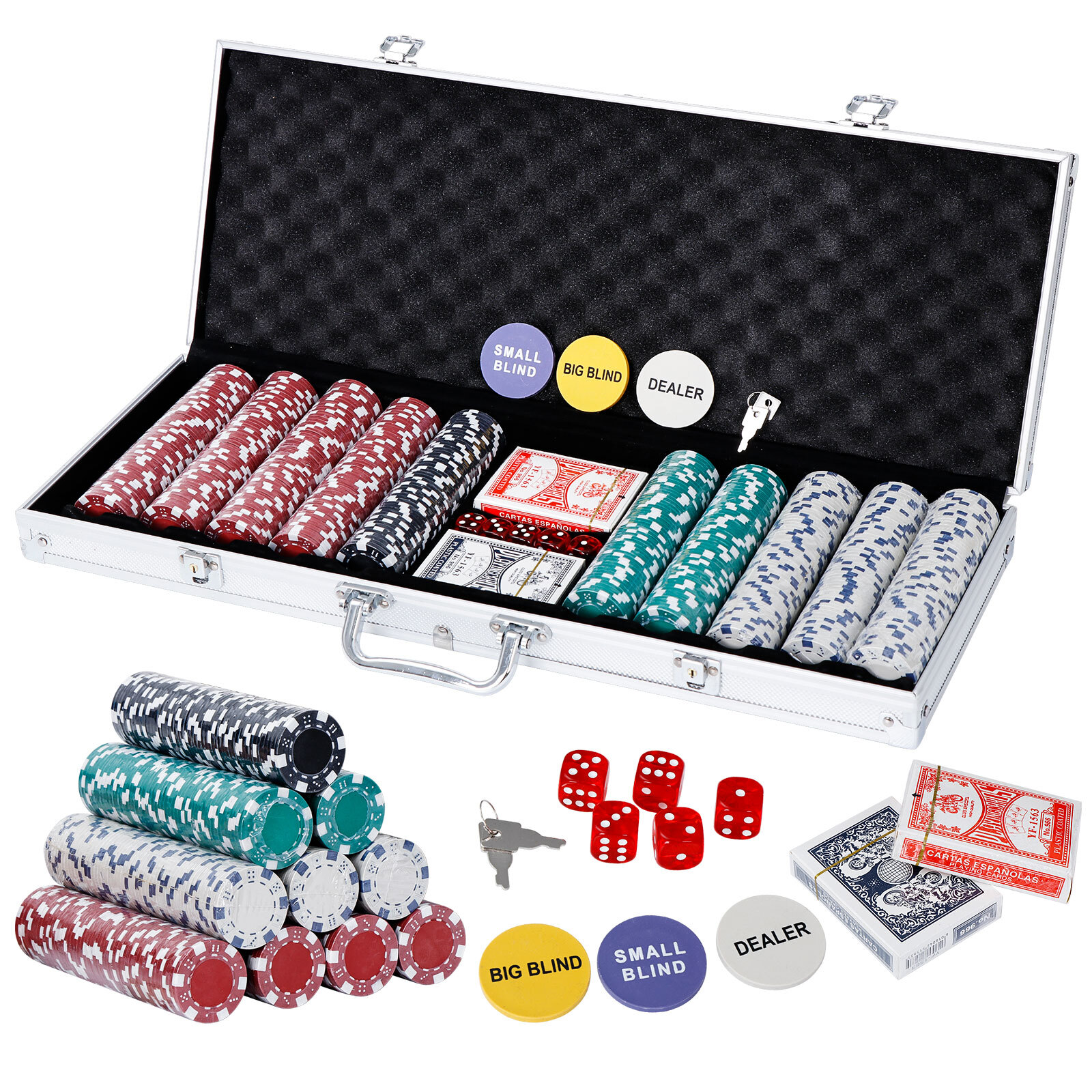 Poker Chip Set 500PCS 11.5 Gram Poker Chips Texas Blackjack Game w/Aluminum Case