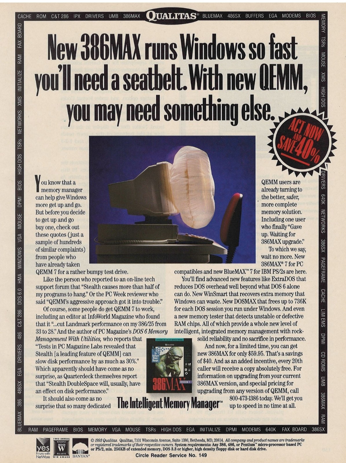 Qualitas 386MAX  QEMM Intelligent Memory Manager 1993 Vtg Print Ad Bethesda MD