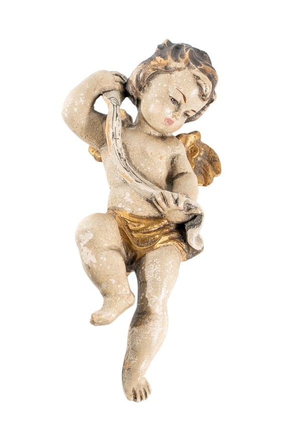 18th C Antique Italian Carved Polychrome Giltwood Cherub Putto Angel Sculpture