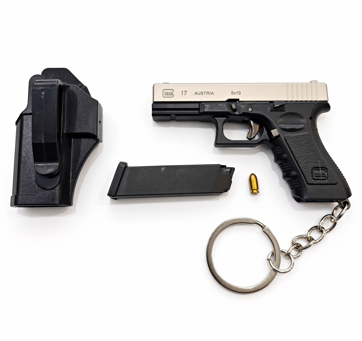 Glock 17 Black Silver Mini All Metal Keychain Replica w/Belt Clip Holster Ring