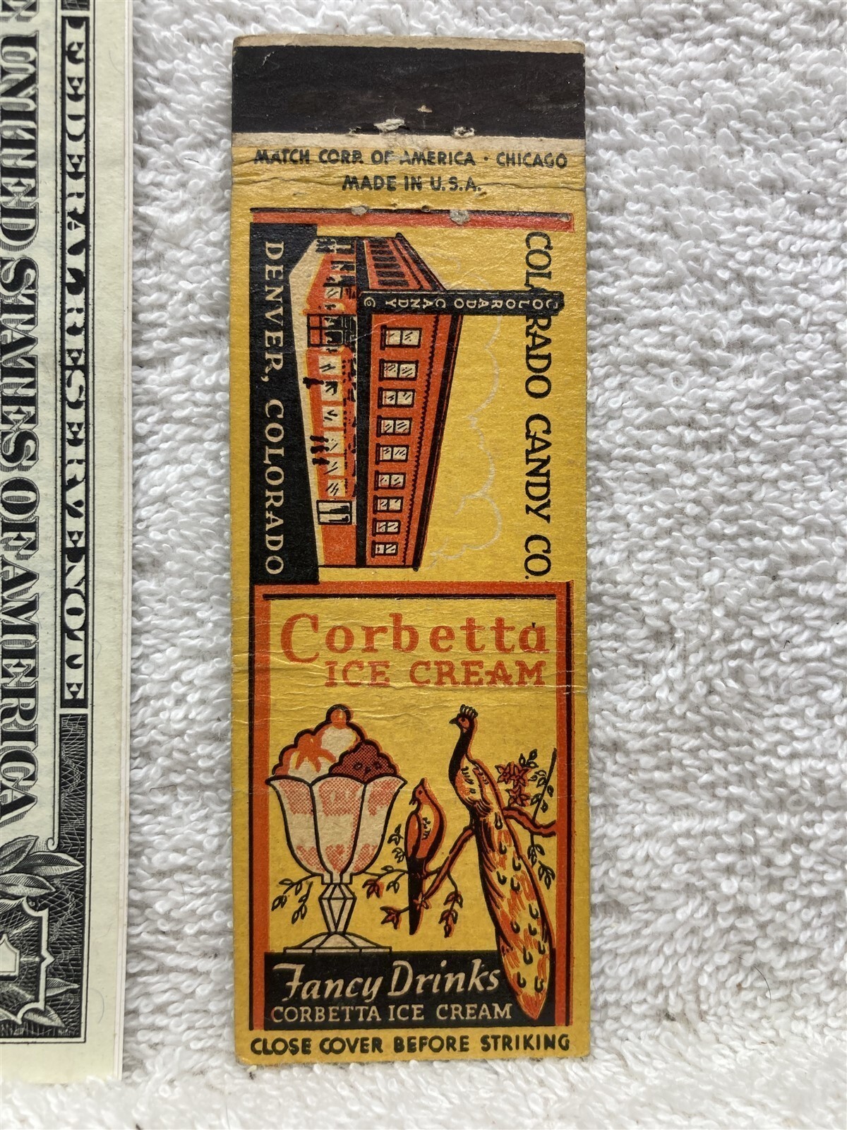 1920s 1930s Corbetto Ice Cream Colorado Candy Company Denver Matchbook Vtg