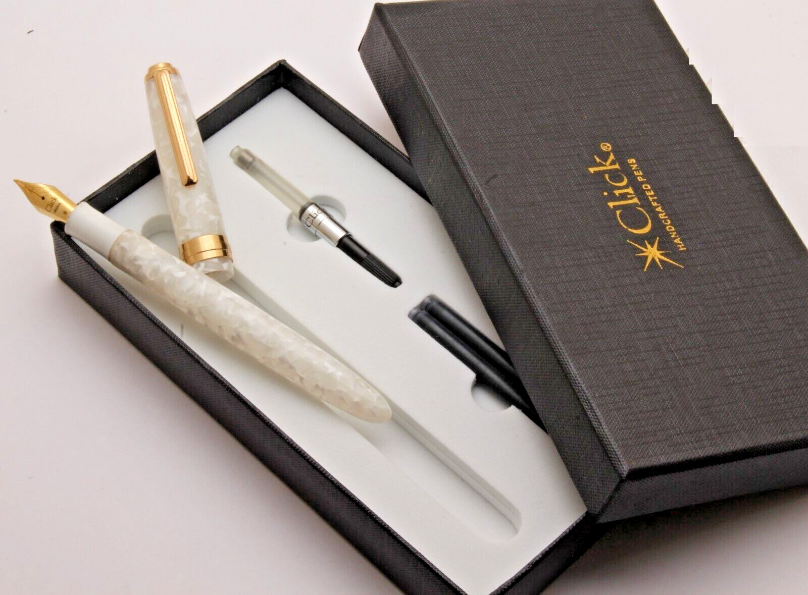 Click Falcon Velvet White Acrylic Body Fountain Pen With Golden Trims New In Box