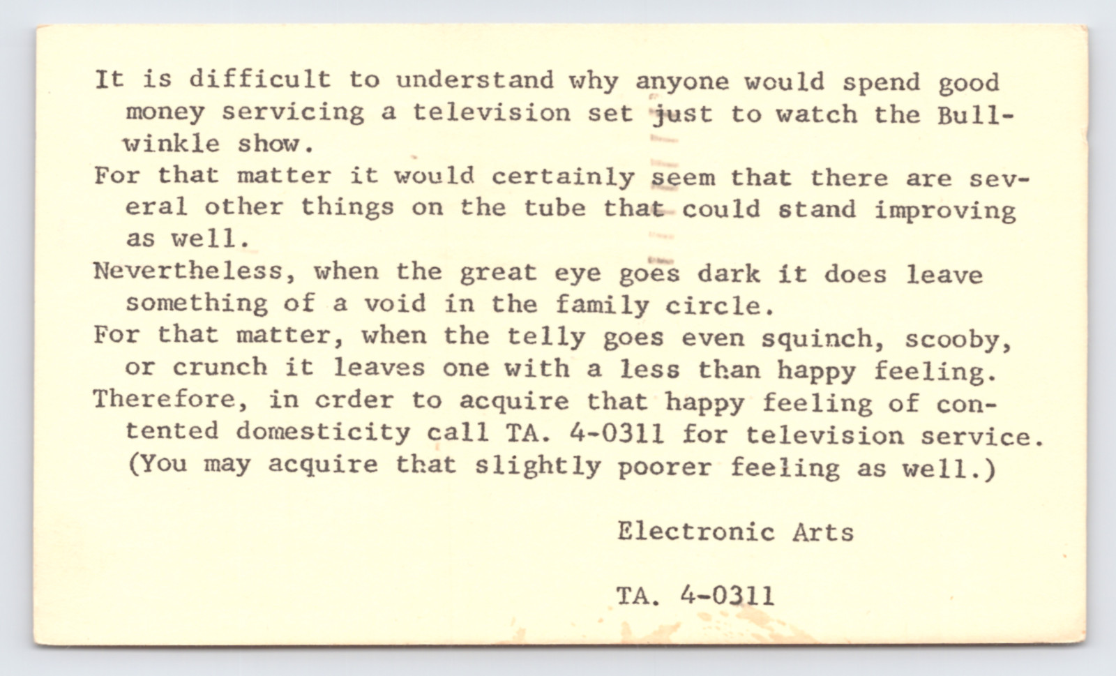 1962 Electronic Arts Postal Card Minneapolis MN TV Repair Humor Bullwinkle