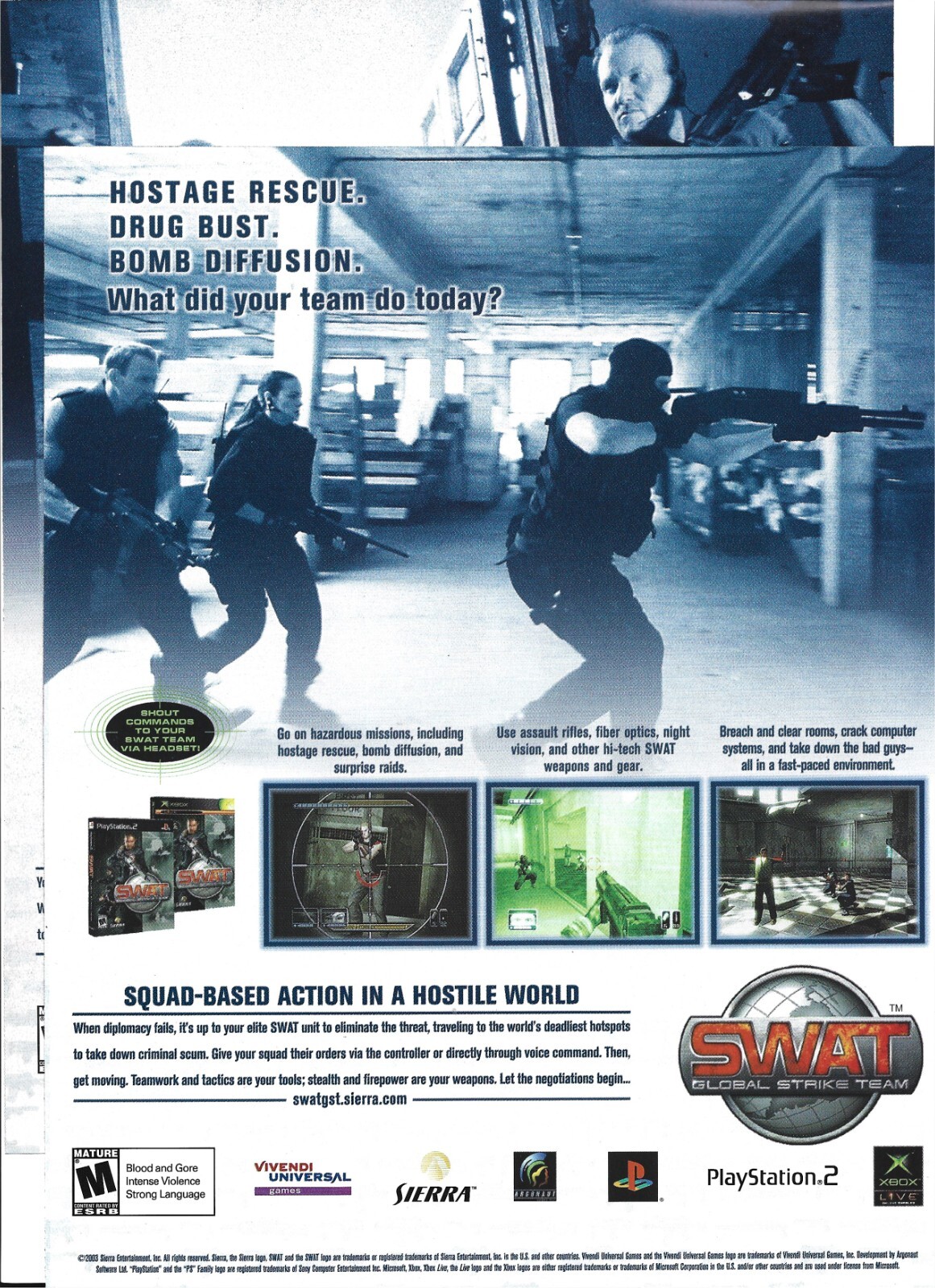 (2) print ads- SWAT: Global Strike Team (print ad 2003) for PS2 and XBOX Live