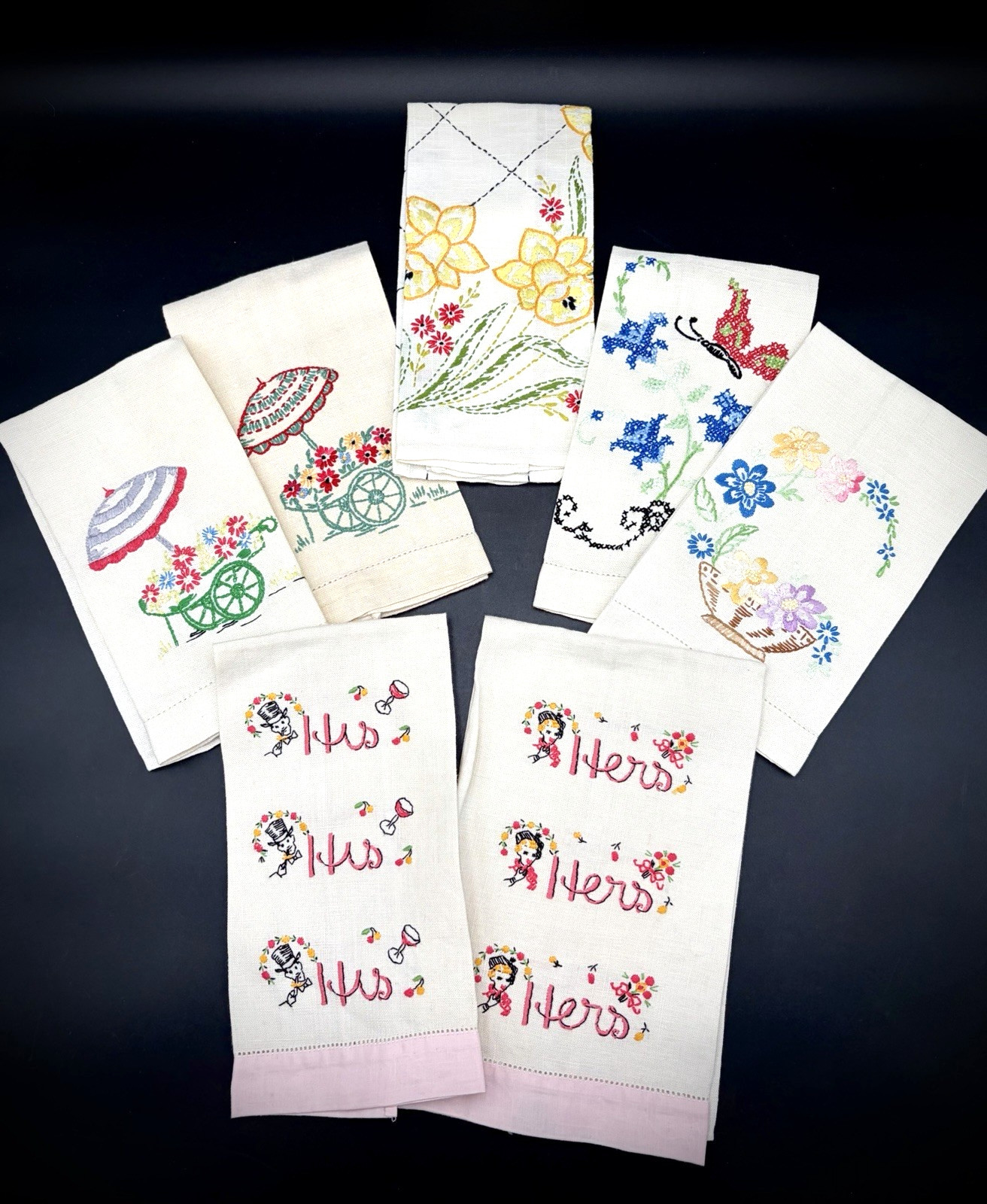VTG Hand Embroidered His + Hers Towels + 5 Flowered Designs: Beautiful Work