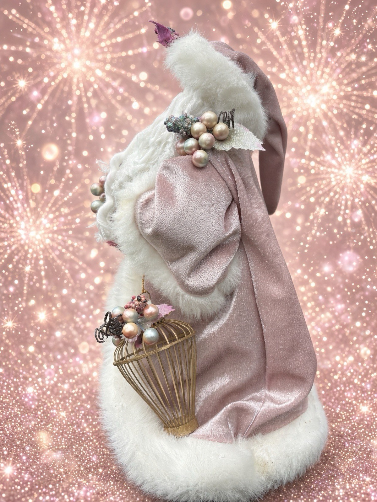🎅 Pink Velvet Santa Tree Topper Pearl Berries Faux Fur Christmas 🎄