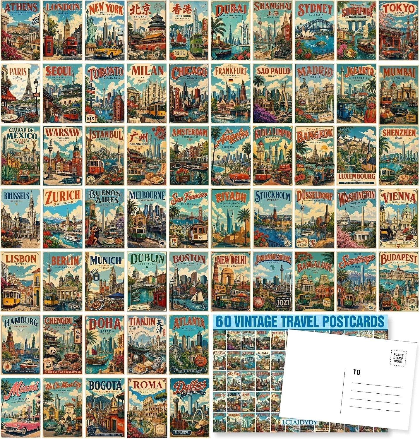 60 Vintage Travel Postcard Set,World Famous Country City Illustrations, 4X6 Mail