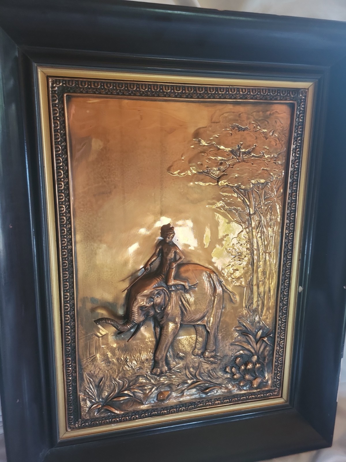 Relief Wall Plaque Copper in a frame 3d Elephant Attendant Riding Made In Spain 