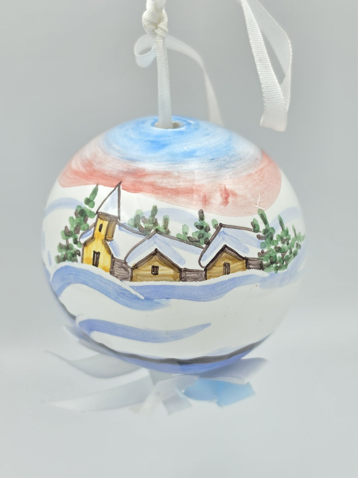 Vintage Hand Painted Ceramic Christmas Ball Ornament Winter Village Church Snow