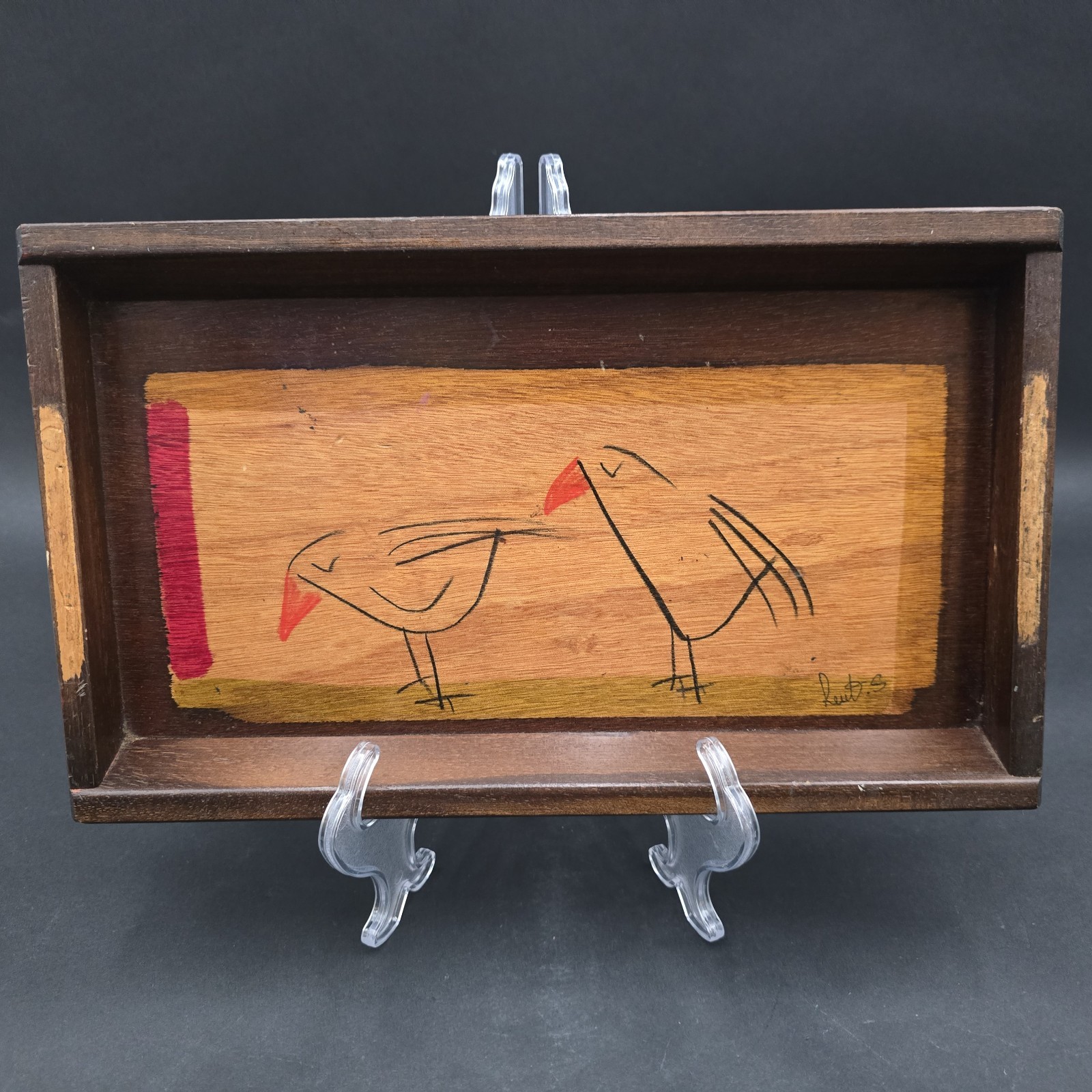 Kakadu Reut Shahar Wooden Tray Hand painted Birds Mid Century 13x8 Israel Arts