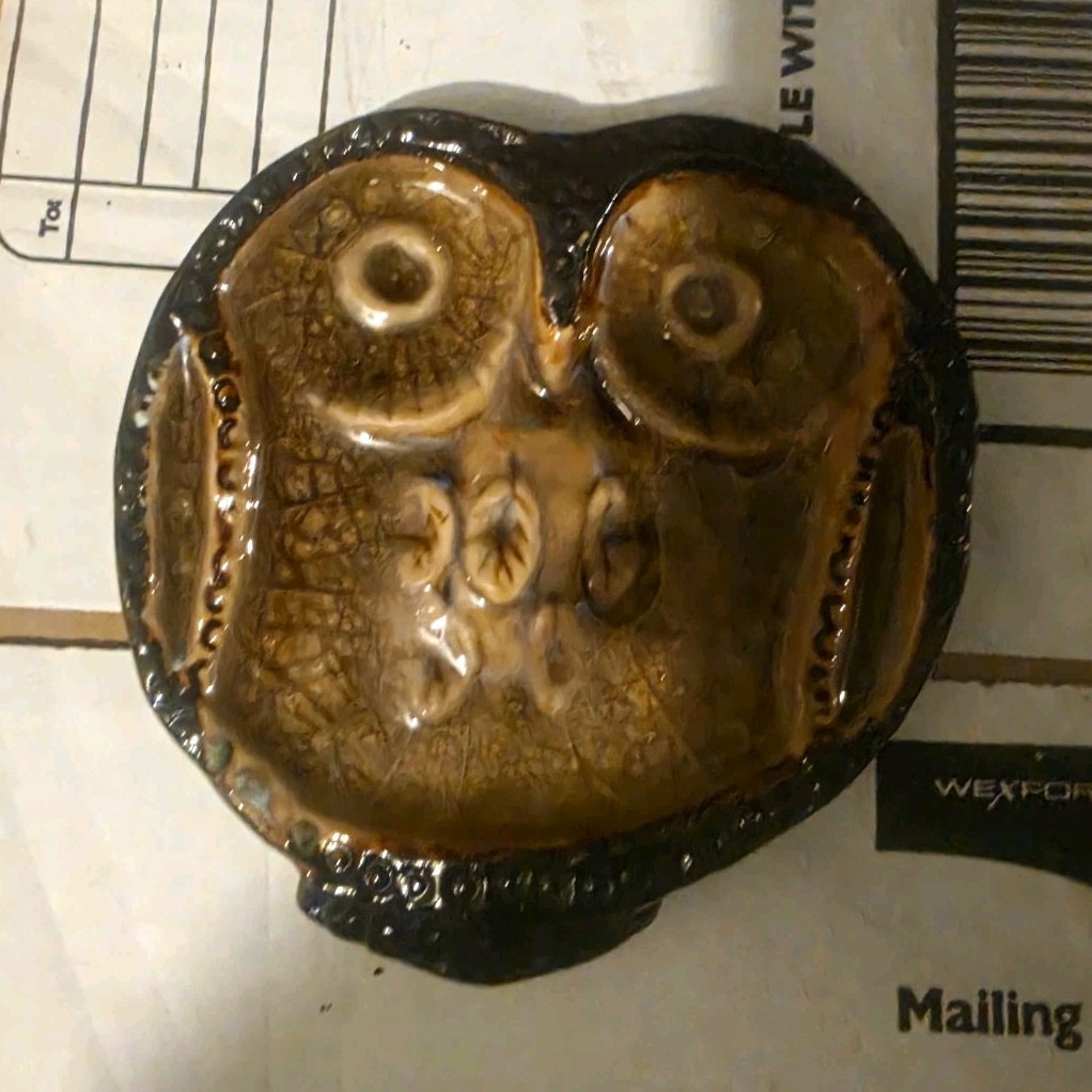 Owl Bird Face Figurine Collectible Brown & Black Glazed