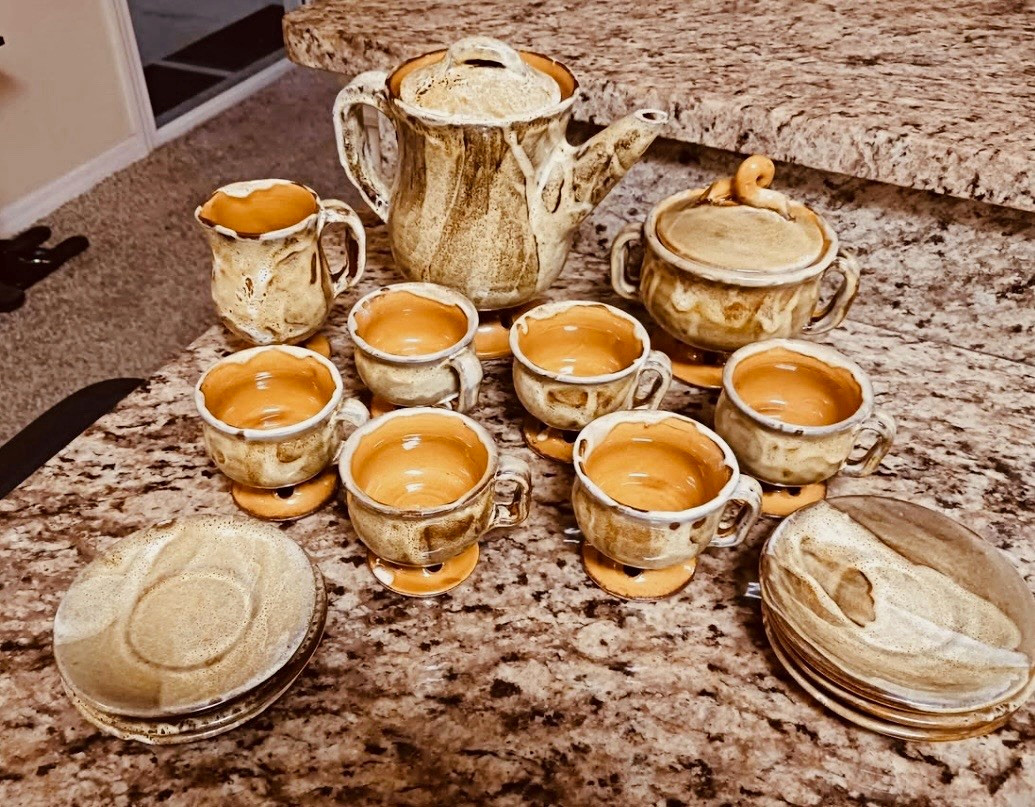 Vintage Handmade Studio Pottery Tea Coffee Set 15 Pc Rustic Footed Cups Orange