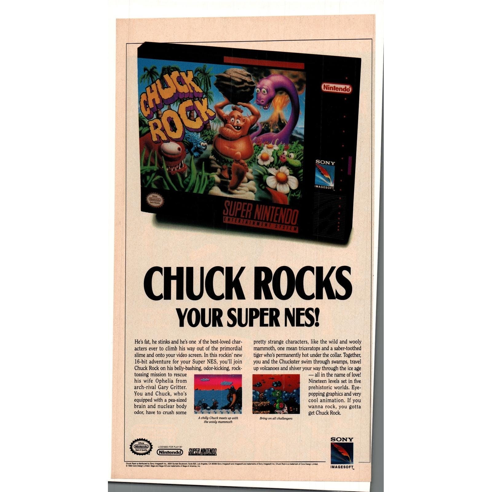 Vintage Print Ad Chuck Rock Super Nintendo SNES Game Wall Art Collectible 1992