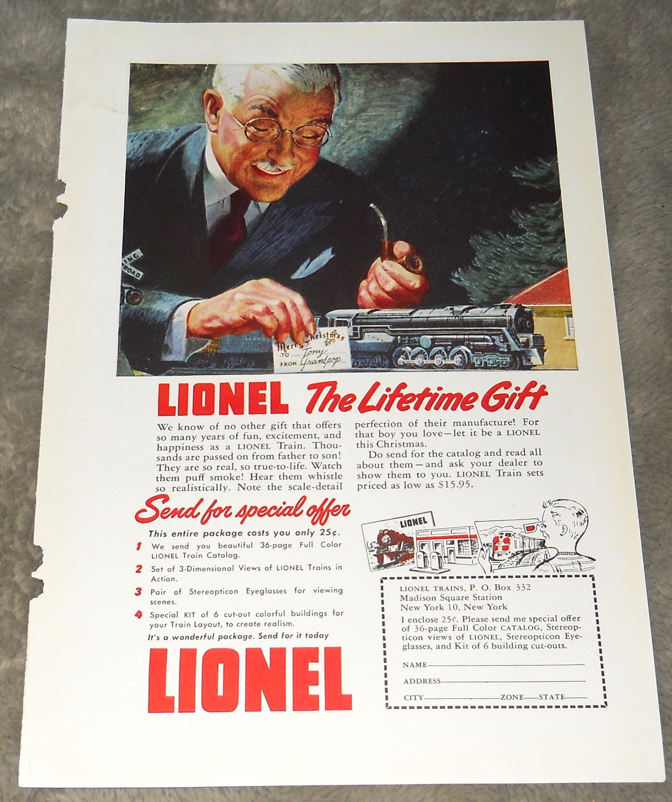 Vintage 1948 Lionel Trains Print Ad The Lifetime Gift Postwar Toy Train Art
