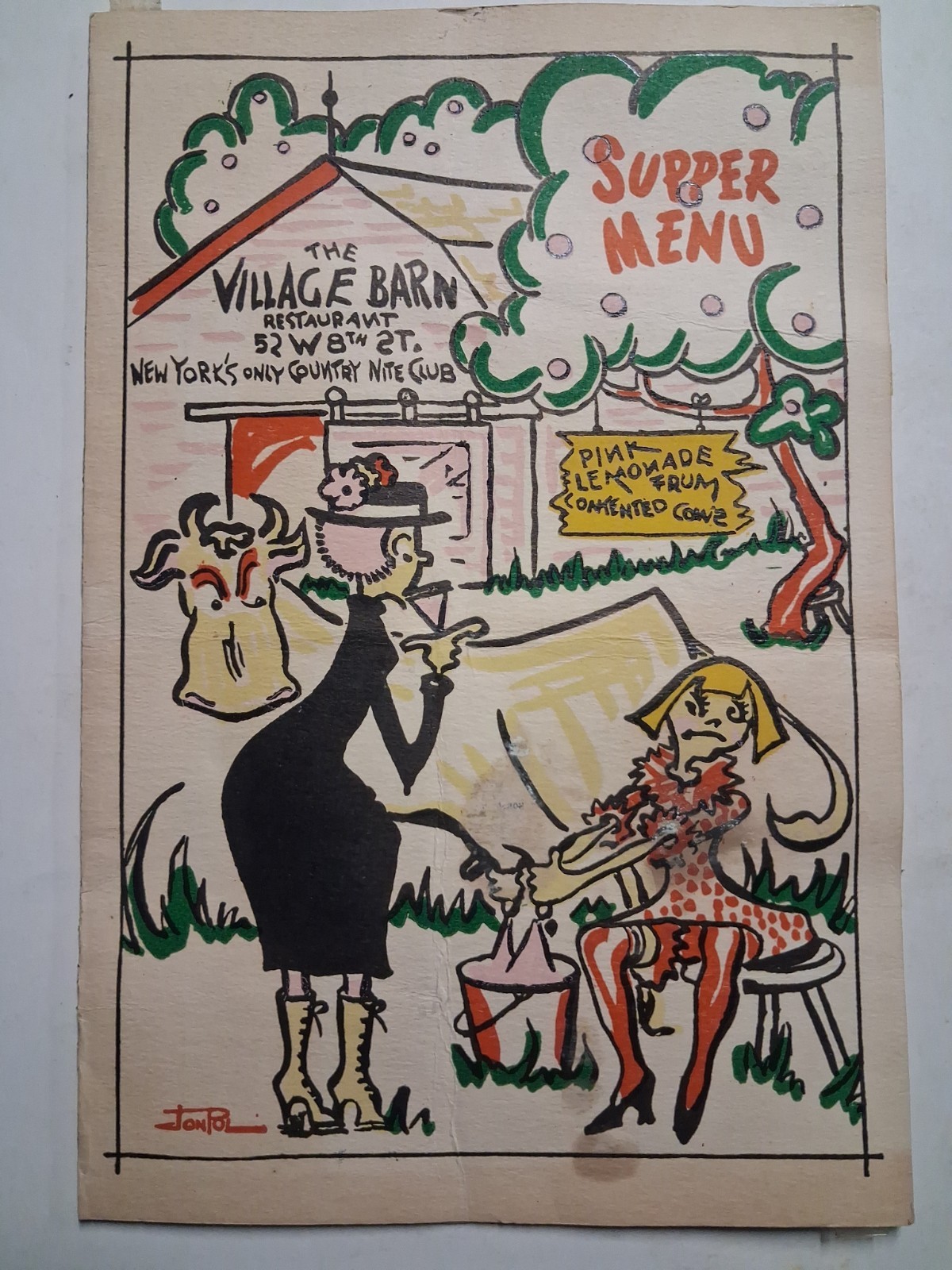 1950s-60s THE VILLAGE BARN NYC Menu & 3 postcards 52 West 8th St