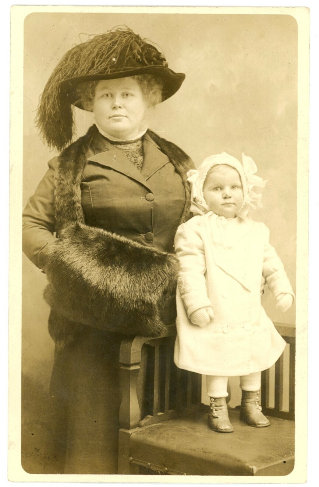 Woman & Child Edwardian Fashion Fur Muff RPPC Real Photo Postcard c1910s Unused
