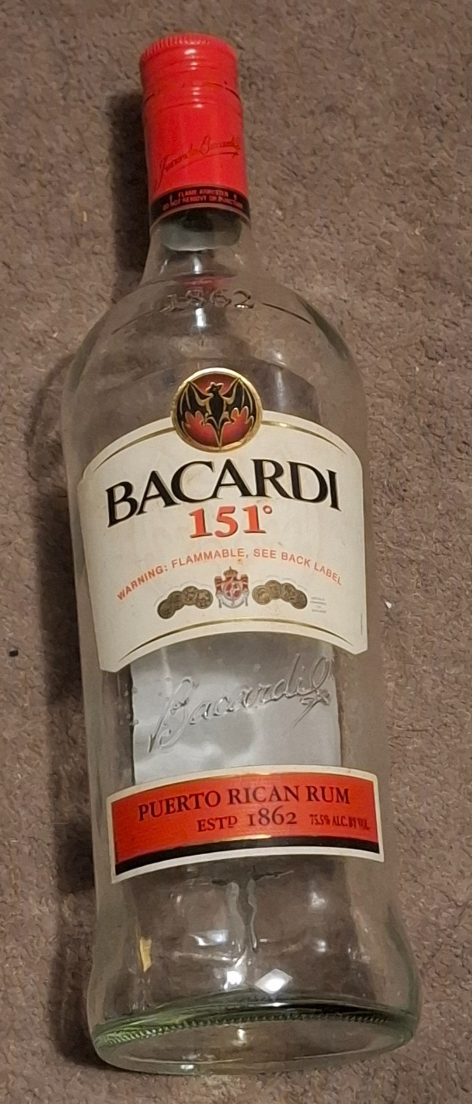 Bacardi 151 Puerto Rican Rum Empty Clear Liquor Bottle 1.0 L Collectible