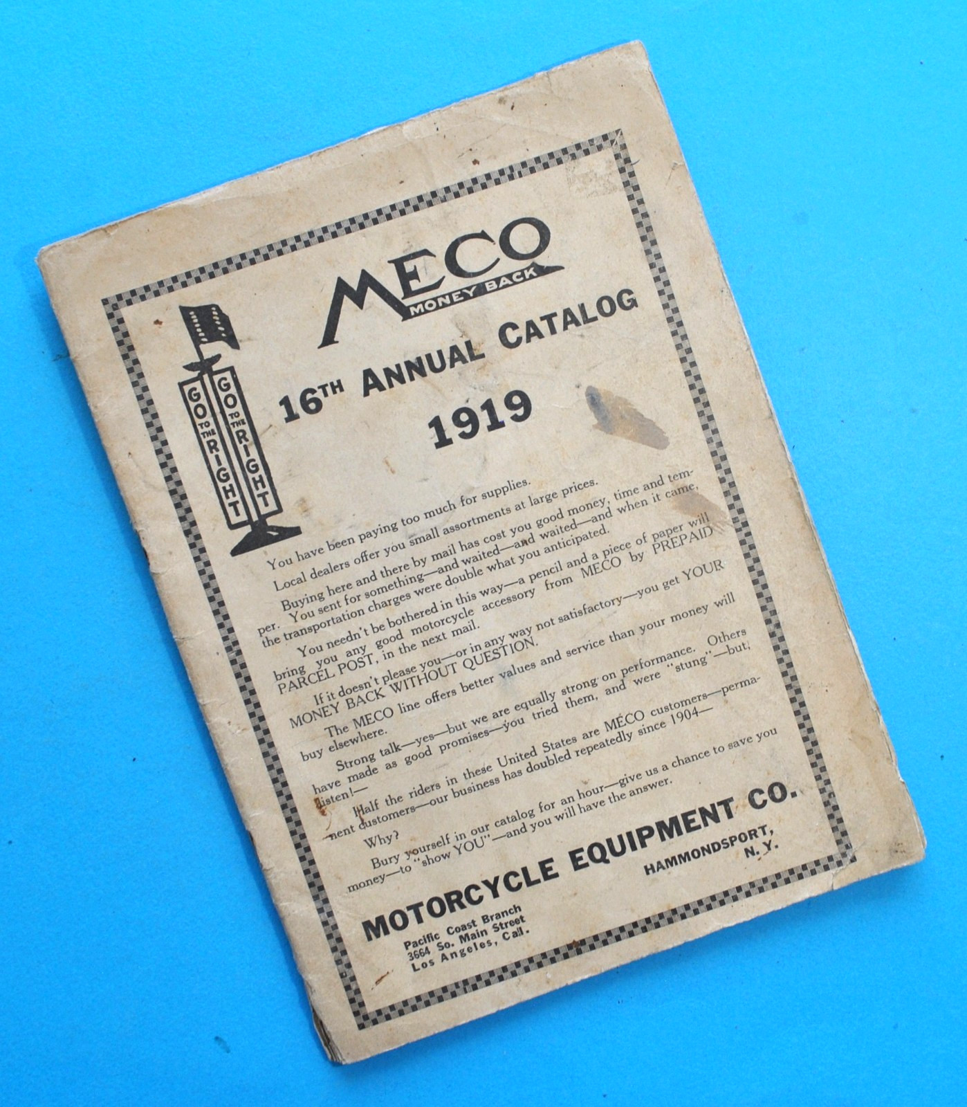 Original 1919 MECO Motorcycle Catalog Parts Book Indian Harley Merkel Excelsior