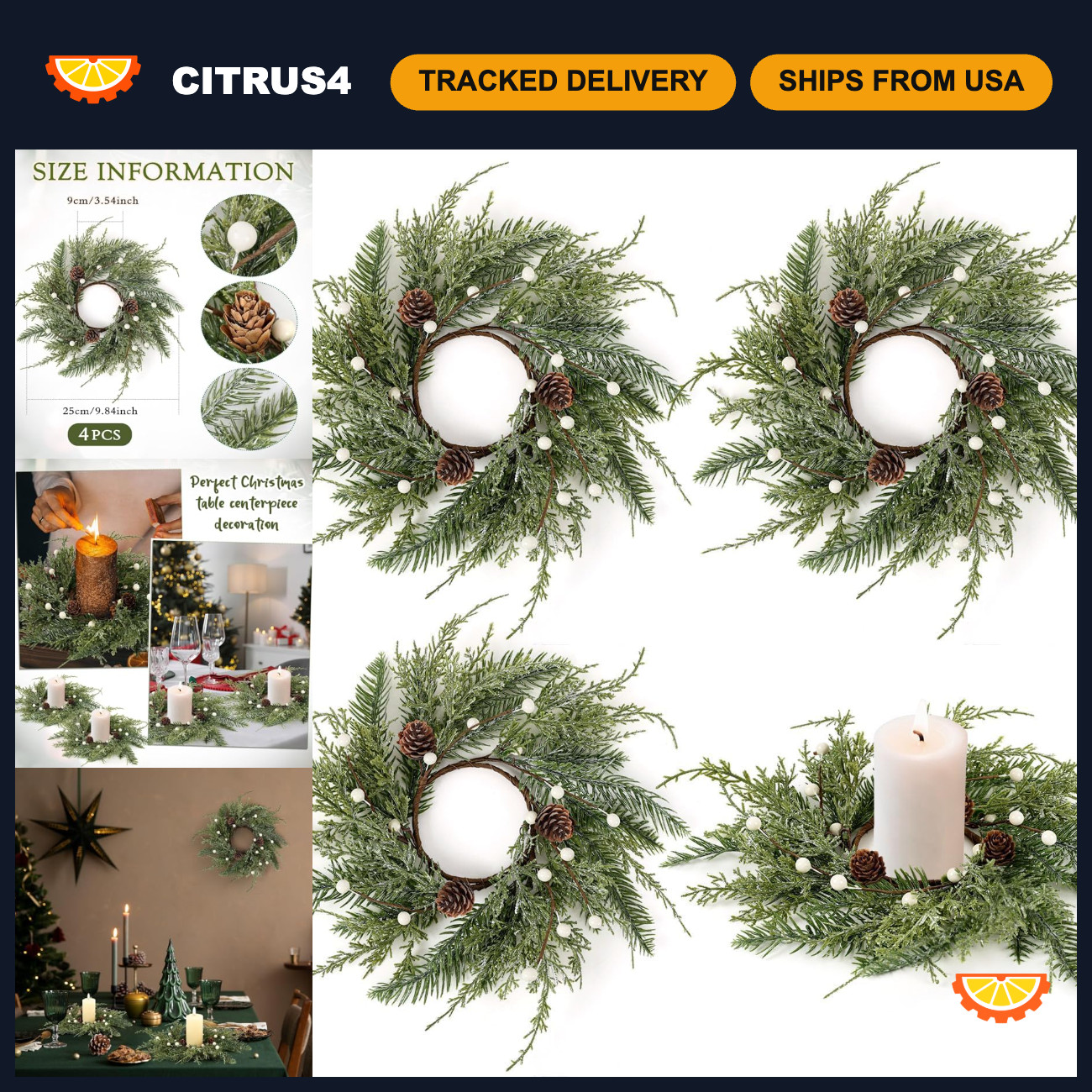 4PCS Mini Christmas Wreath Candle Rings - Frosted Cedar & Pine Cone Holders for