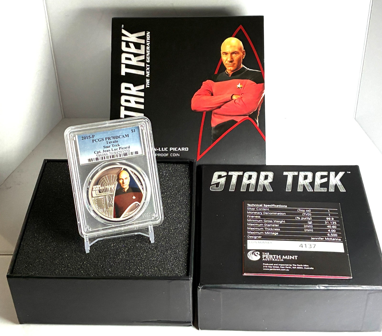 2015-P Tuvalu $1 Star Trek CPT. PICARD  1oz Silver PCGS PR70 DCAM TONING NOTED