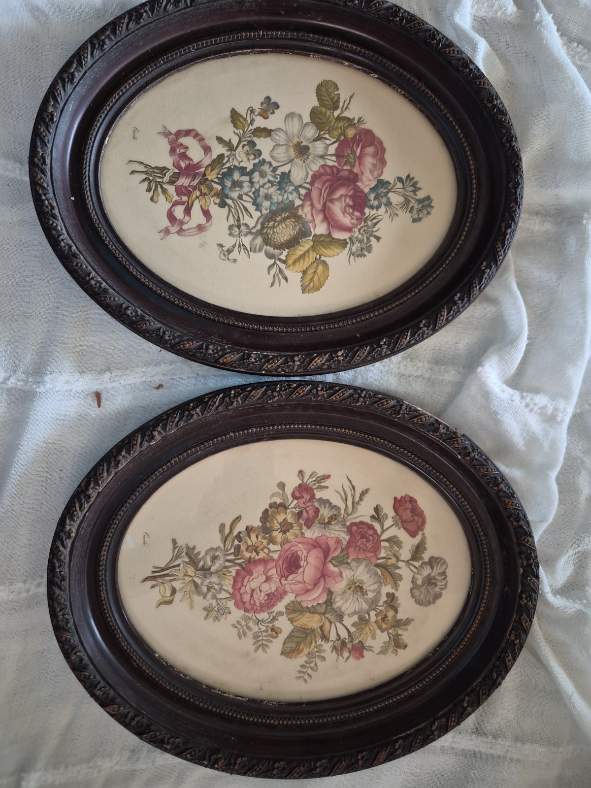 Antique Botanical Flower Print In Oval Frame 
