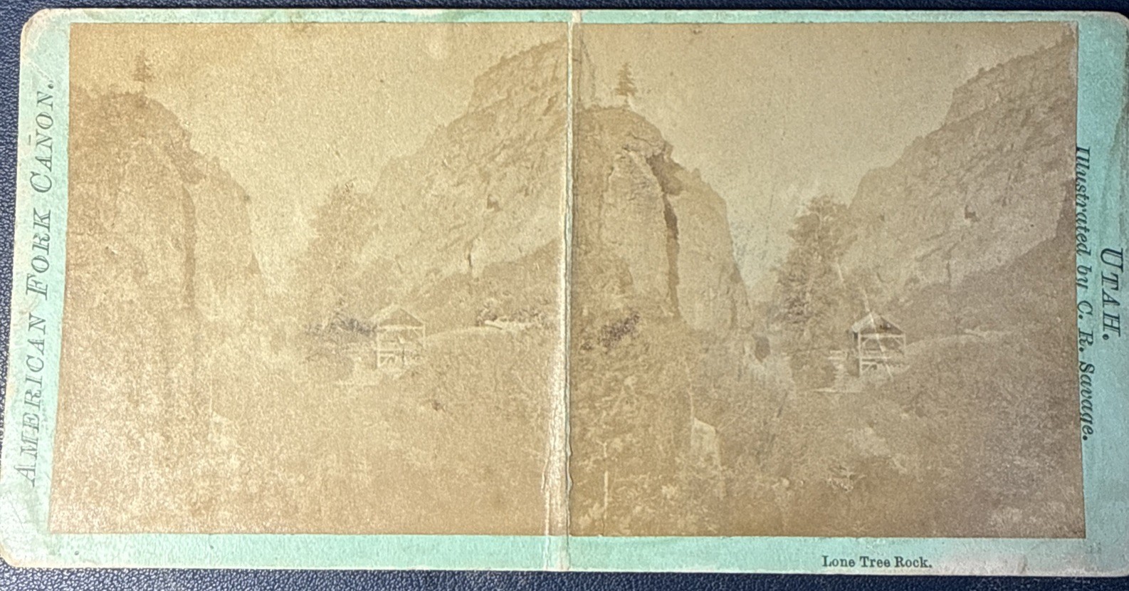 American Fork Canyon Utah Stereoview Savage Antique c1870 RARE. LONE TREE ROCK