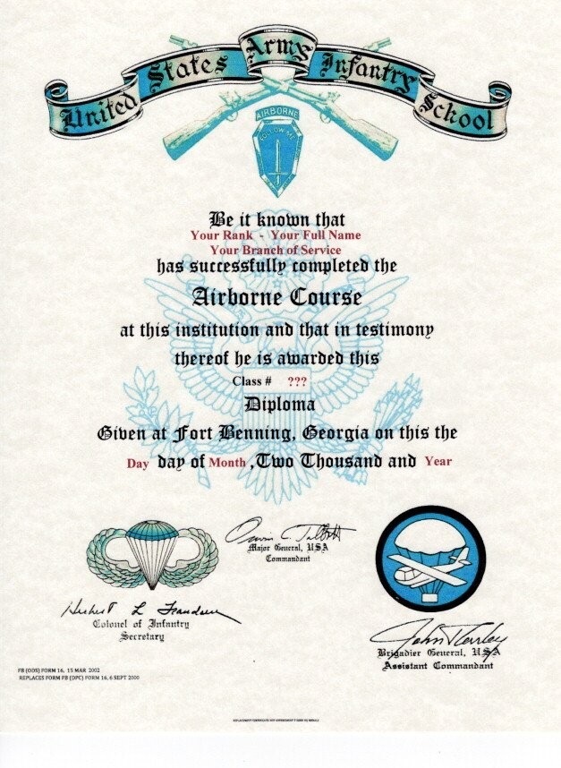 United States Army Airborne Jump School Course School Replacement Certificate