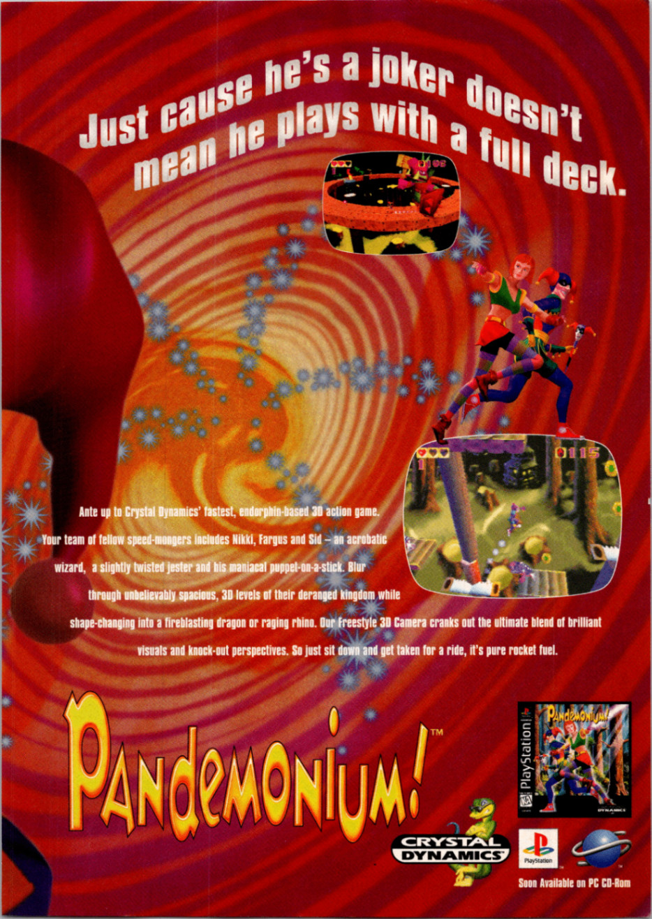Crystal Dynamics Pandemonium PlayStation Video Game Magazine Ad 1996 Retro