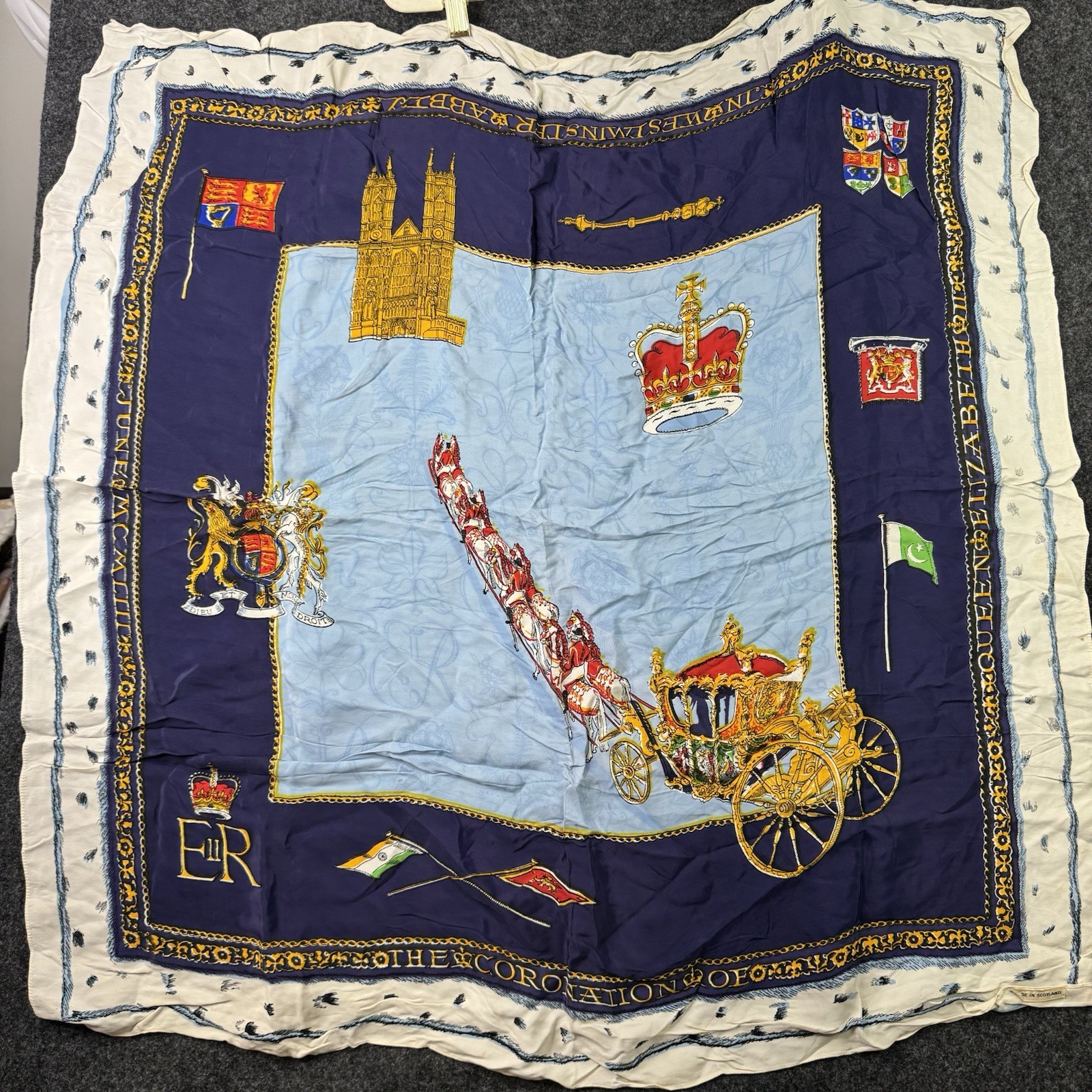 Vintage 1953 Queen Elizabeth II Coronation Scarf Scotland Royal Souvenir