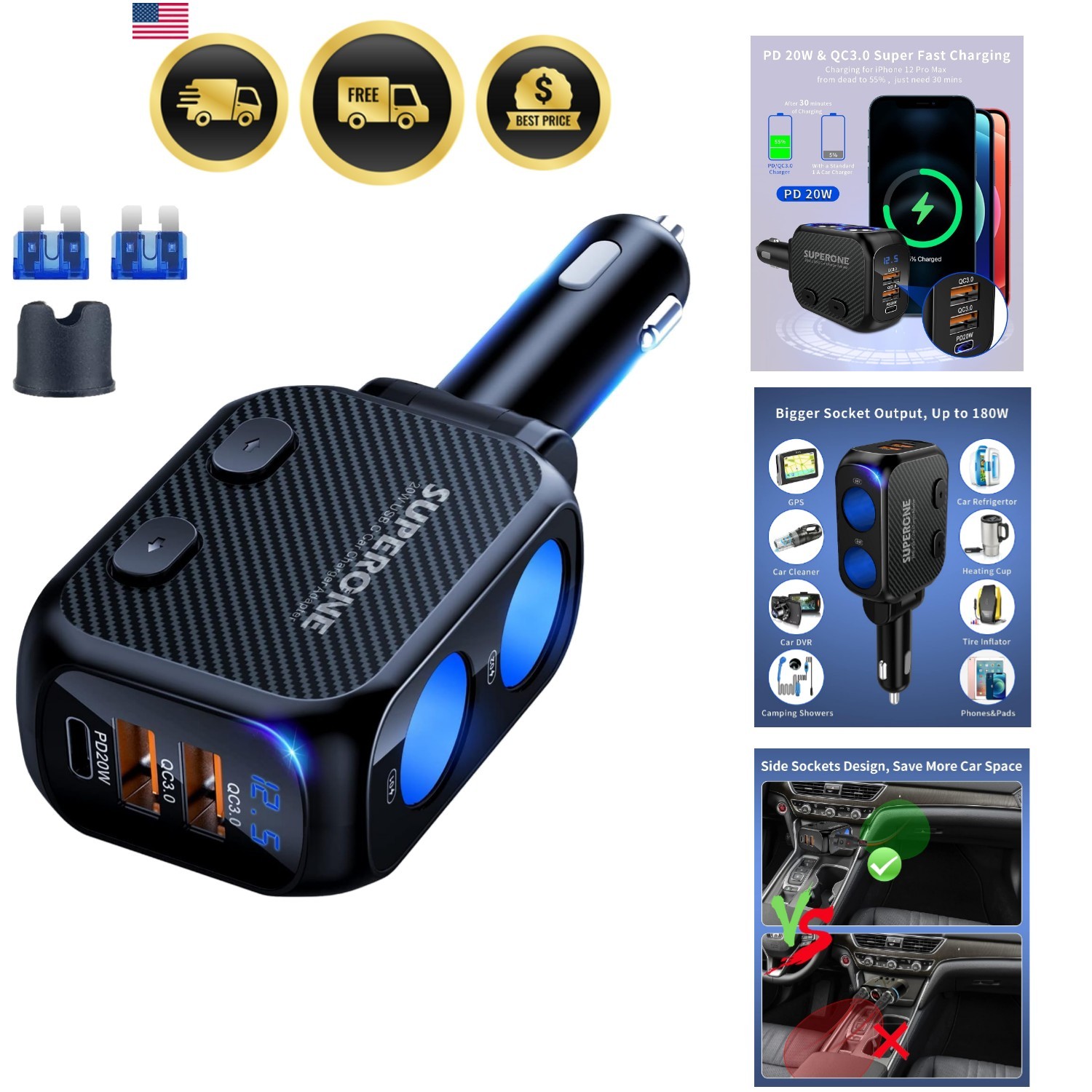 180W Cigarette Lighter Splitter with 20W PD, 2-Socket Cigarette Lighter Adapt...