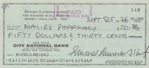 EDDIE ALBERT signed bank check