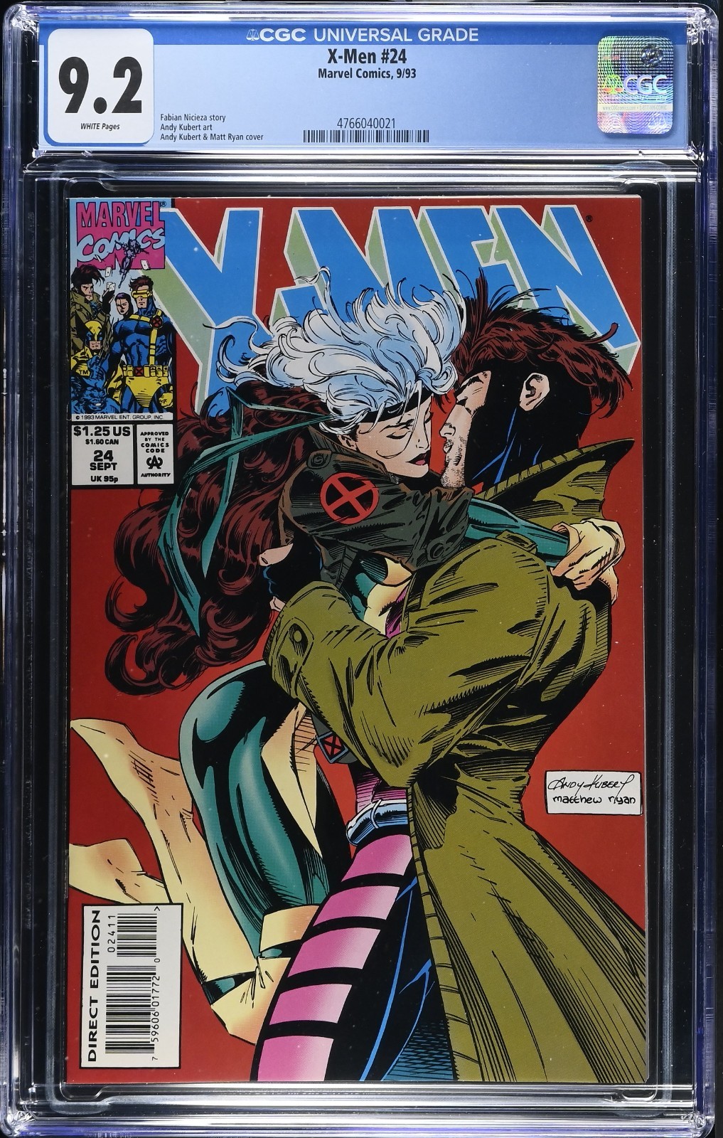 X-Men #24~CGC 9.2 White Pages~Marvel Comics, 9/93~Gambit and Rogue Kiss Cover