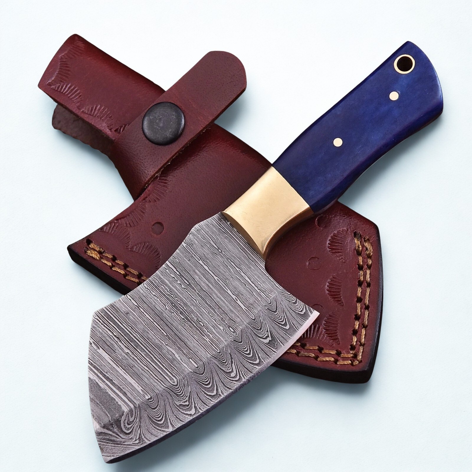 SHARD Handmade Damascus Steel Mini Cleaver Knife Blue Bone Handle Chopper Sheath