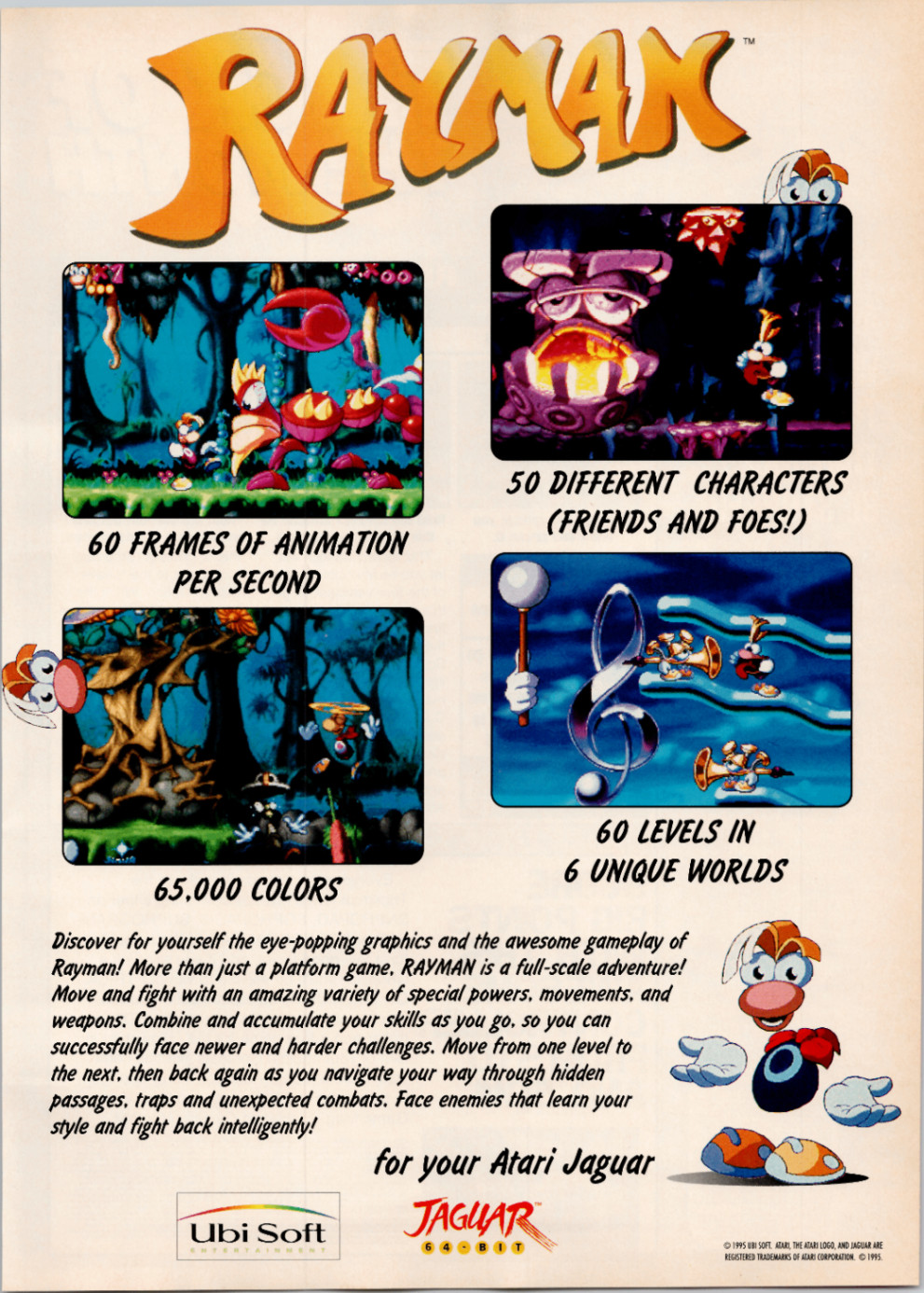 Rayman Atari Jaguar Ubi Soft 1995 Vintage Video Game Poster Promo Print Ad