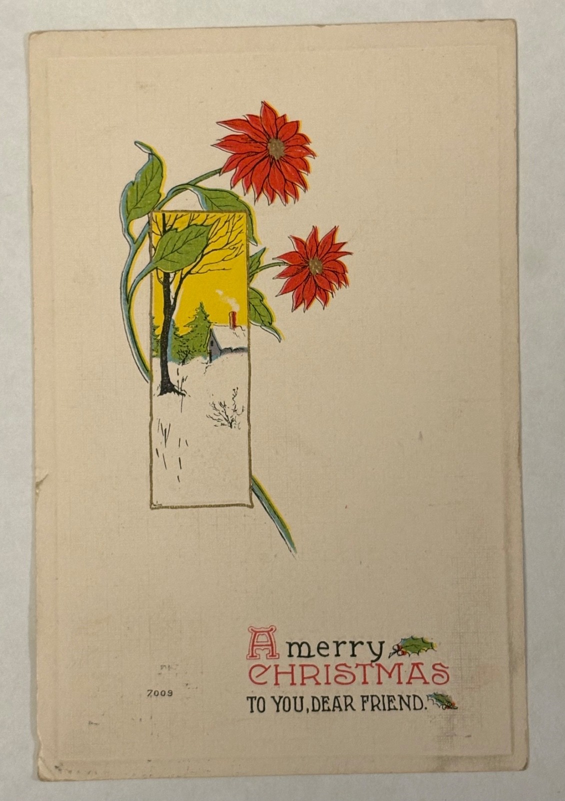 Antique A Merry Christmas Postcard House Snow Scene Chrysanthemum Posted 1912