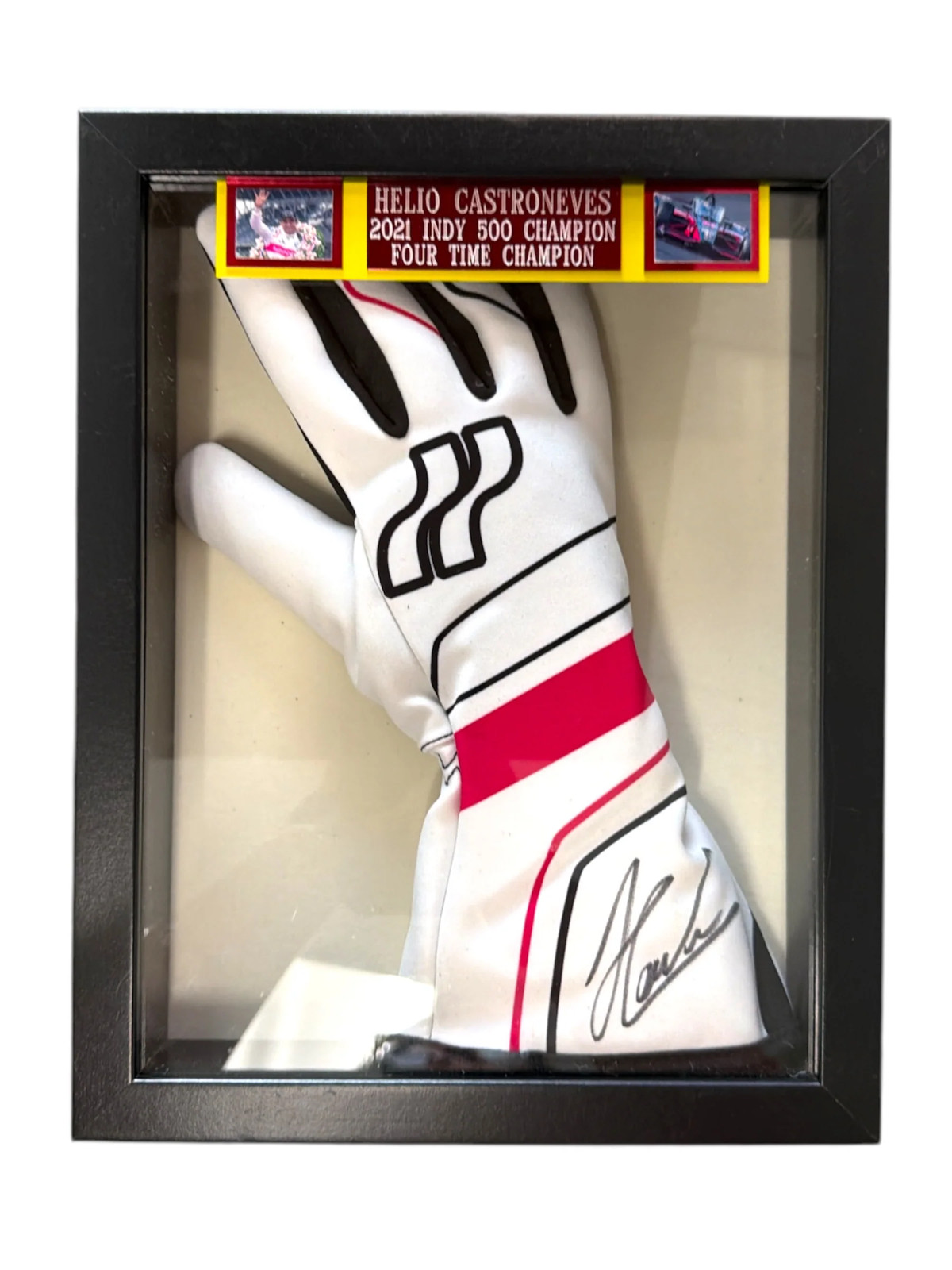 Helio Castroneves Indy 500 2021 Signed Replica Racing Glove Framed